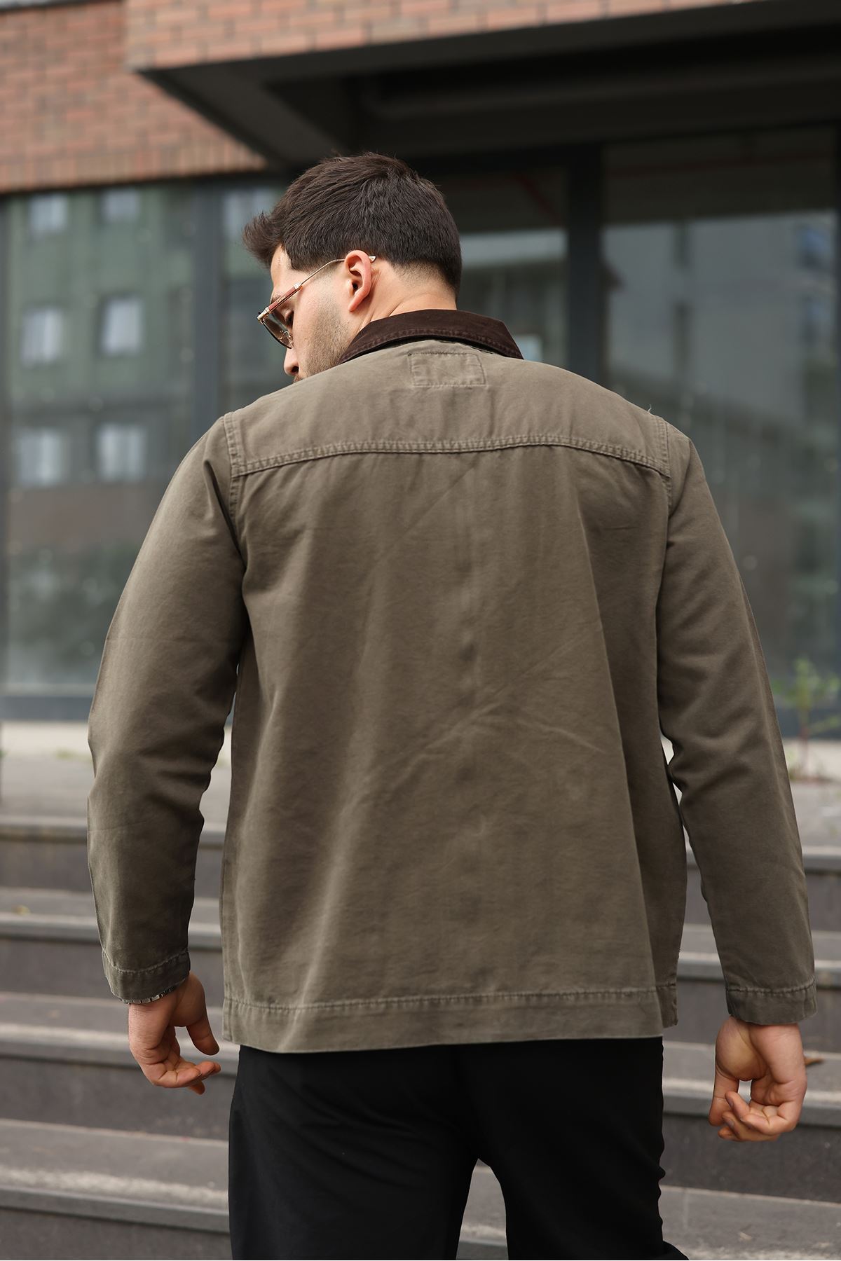 Erkek Haki Garni Yaka Spor Canvas Mont 