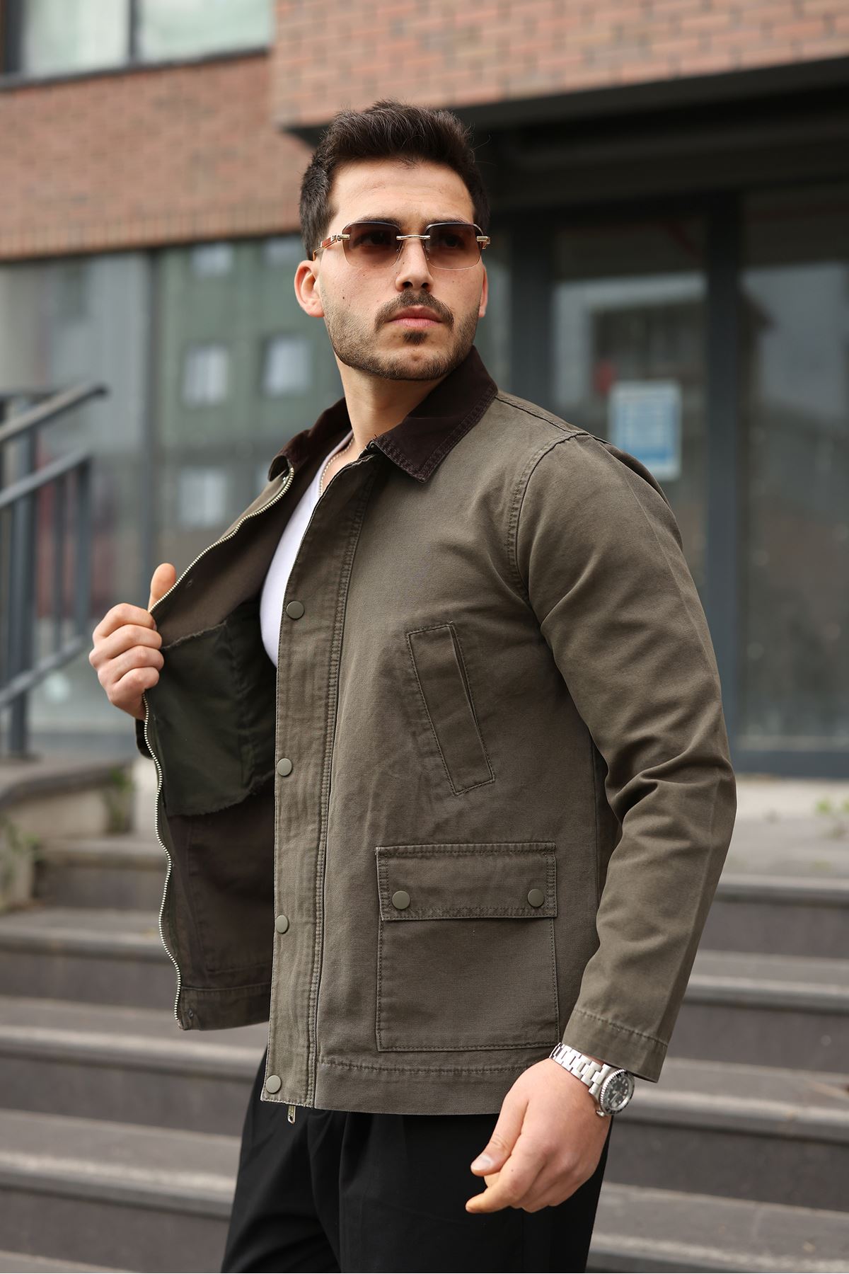 Erkek Haki Garni Yaka Spor Canvas Mont 