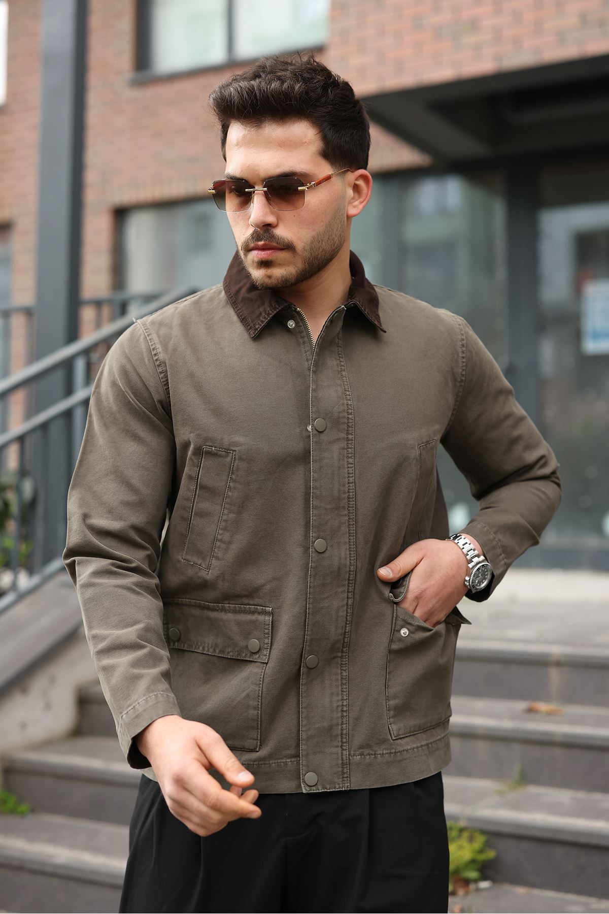 Erkek Haki Garni Yaka Spor Canvas Mont 