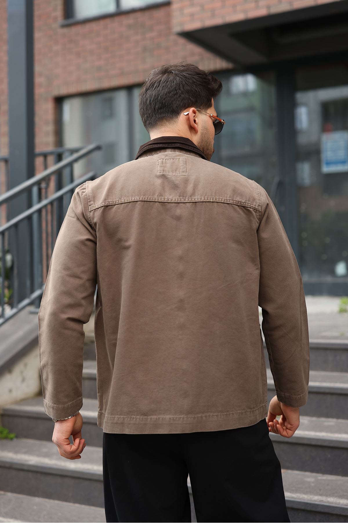 Erkek Vizon Garni Yaka Spor Canvas Mont 