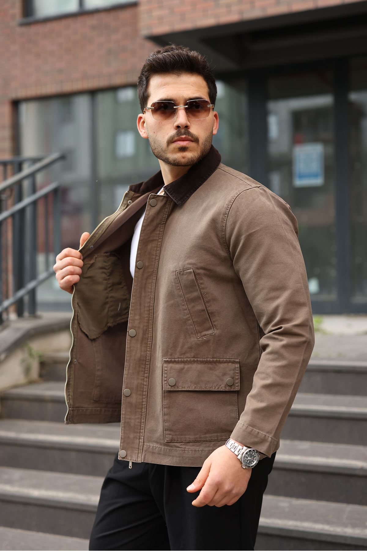 Erkek Vizon Garni Yaka Spor Canvas Mont 