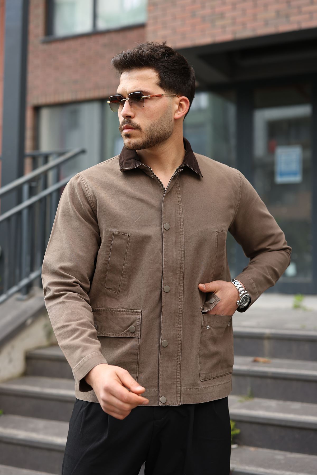 Erkek Vizon Garni Yaka Spor Canvas Mont 