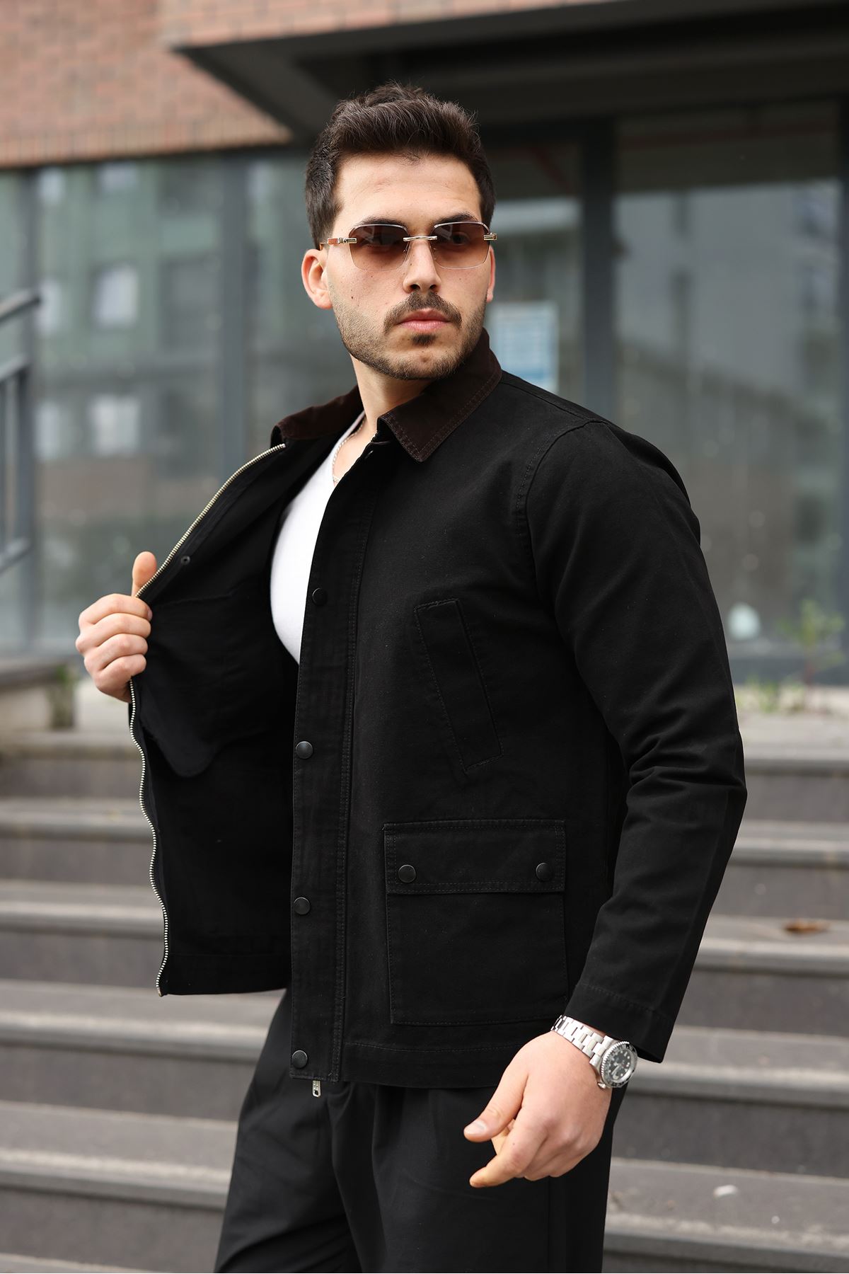 Erkek Siyah Garni Yaka Spor Canvas Mont