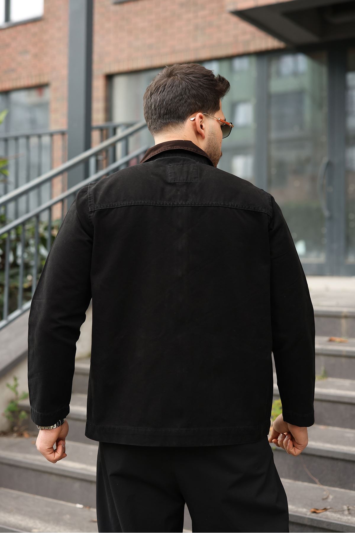 Erkek Siyah Garni Yaka Spor Canvas Mont