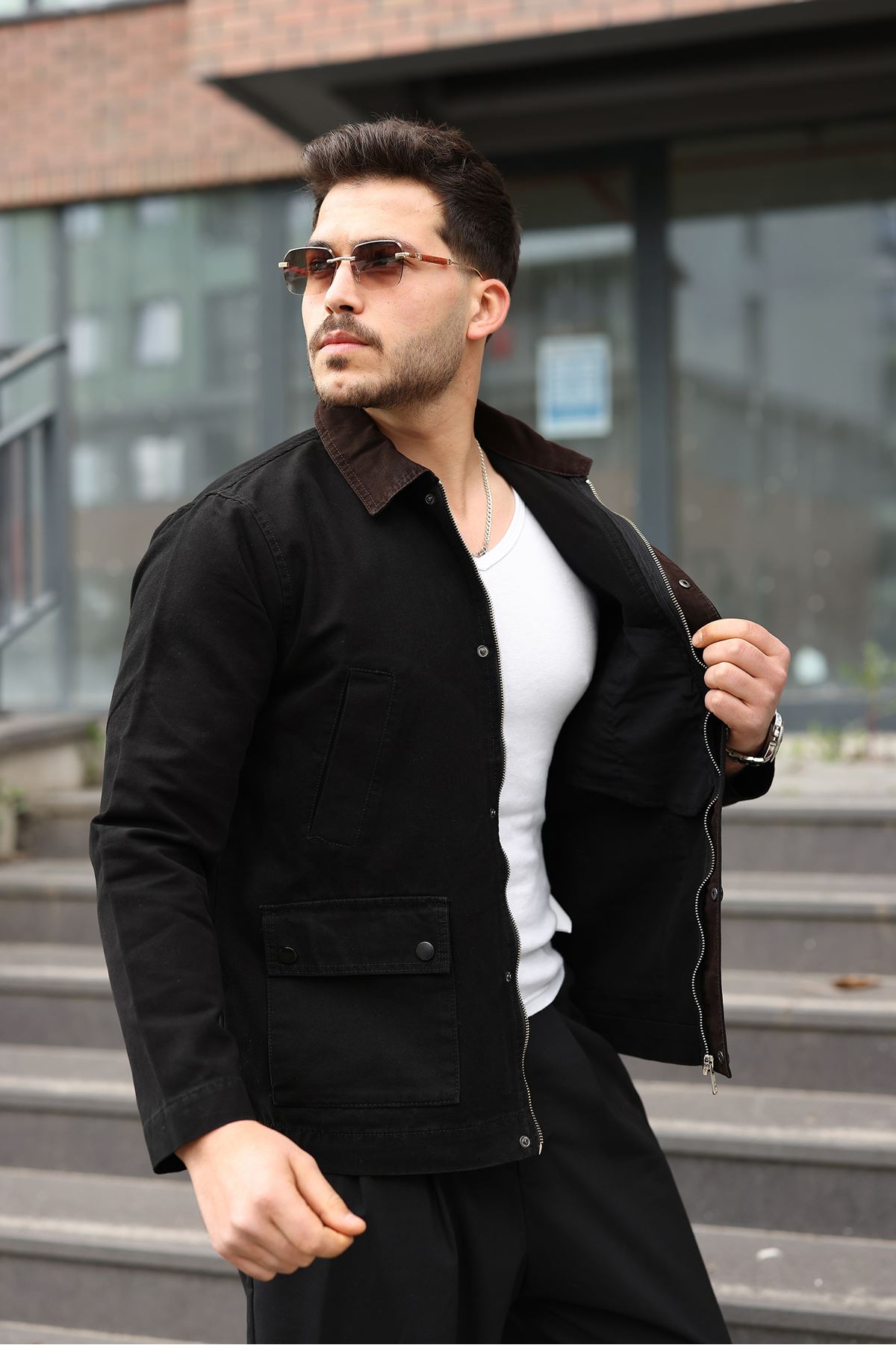 Erkek Siyah Garni Yaka Spor Canvas Mont