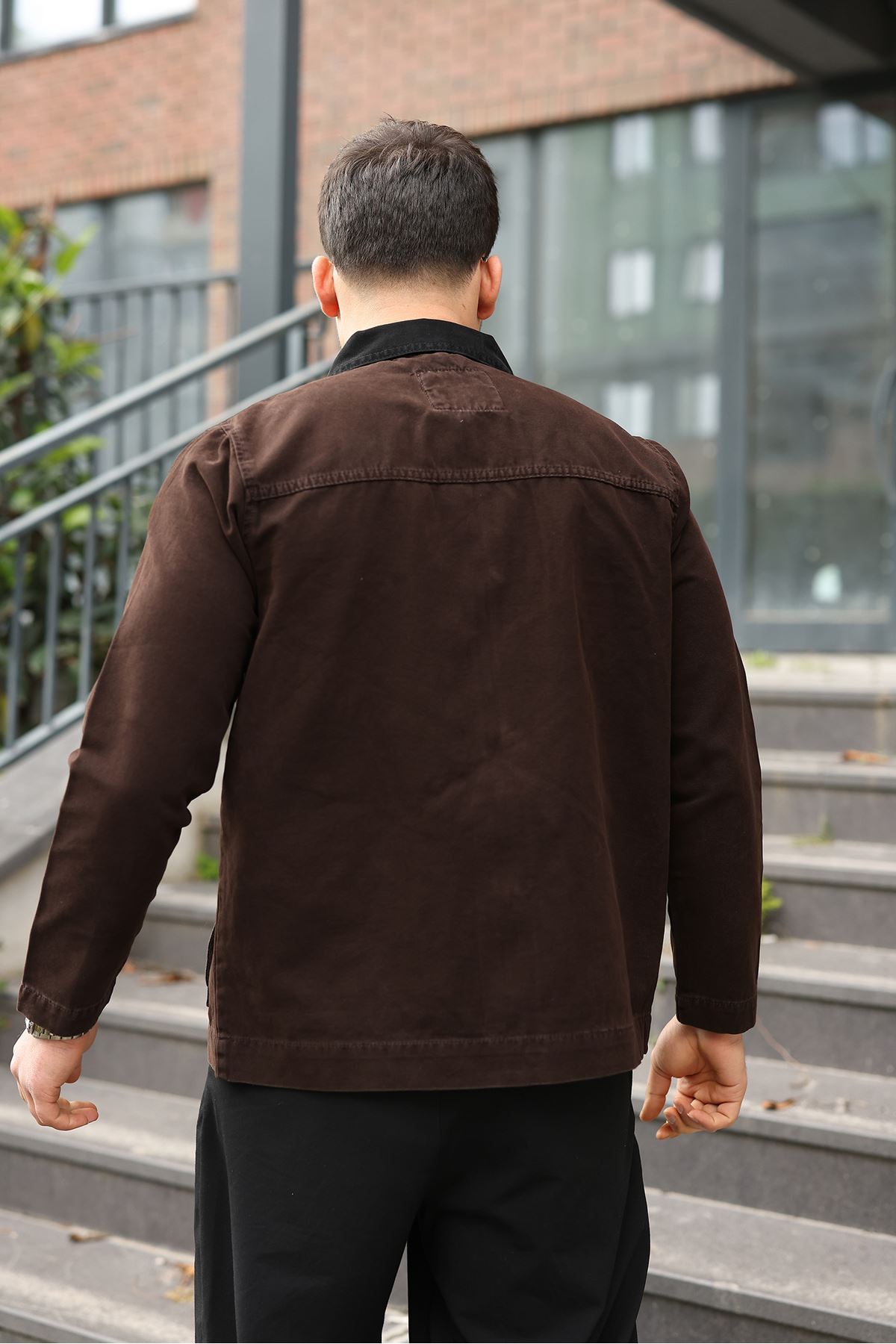 Erkek Kahve Garni Yaka Spor Canvas Mont