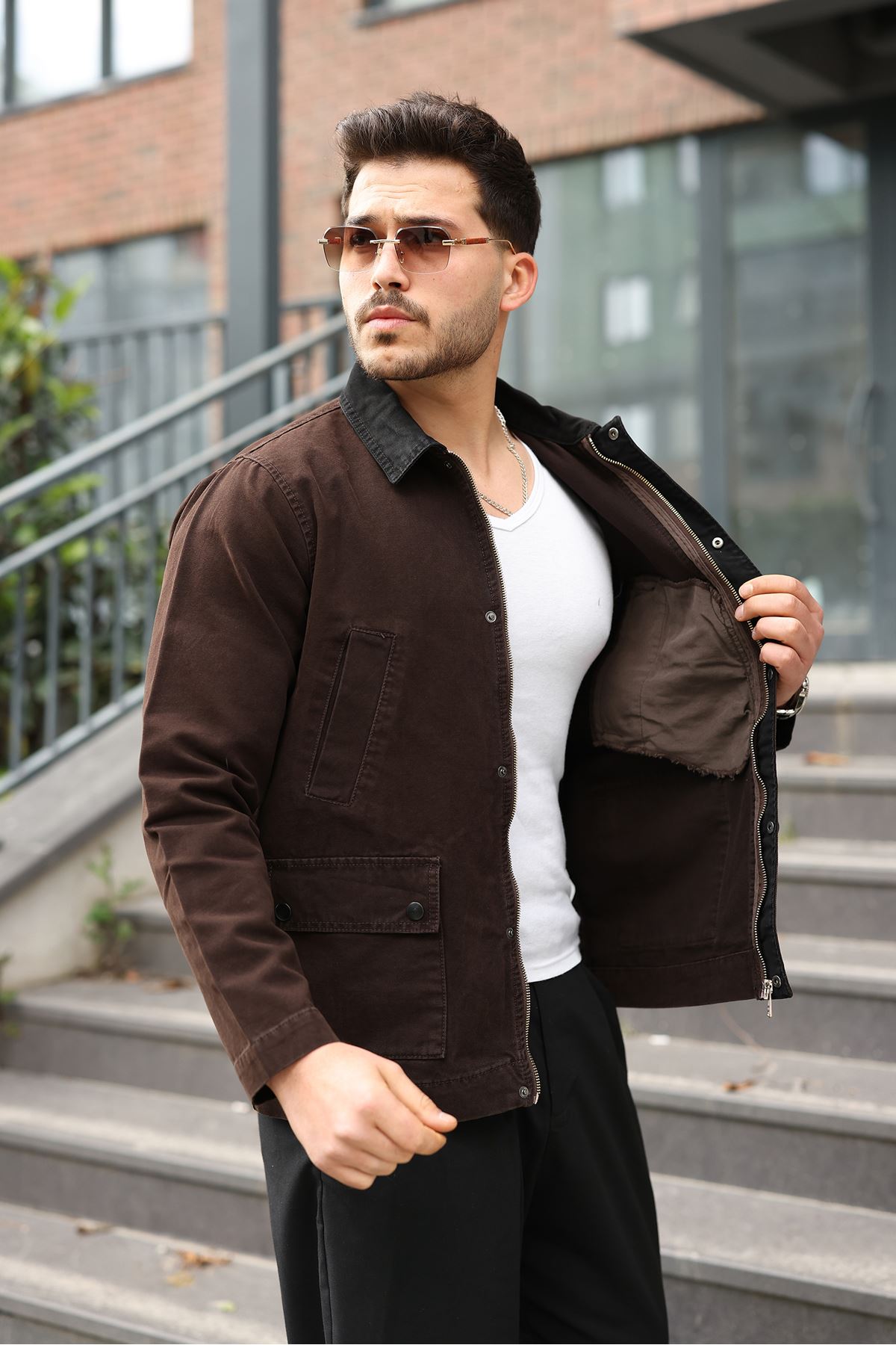 Erkek Kahve Garni Yaka Spor Canvas Mont