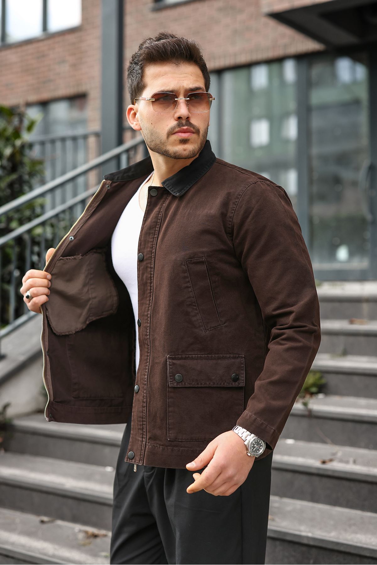 Erkek Kahve Garni Yaka Spor Canvas Mont