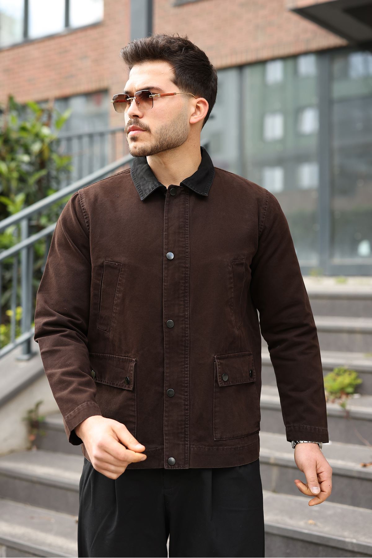 Erkek Kahve Garni Yaka Spor Canvas Mont