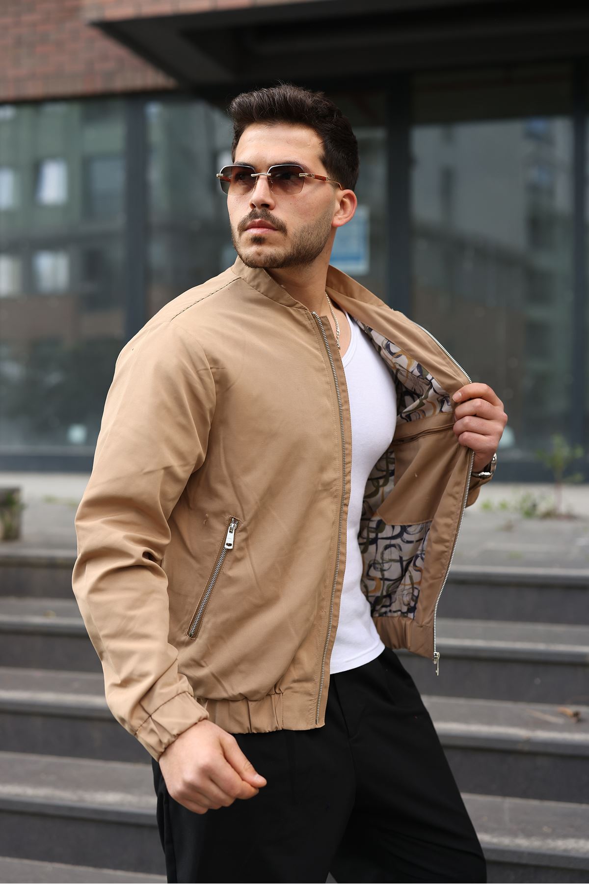 Erkek Regular Fit  Teknik Kumaş Mevsimlik Bej Pilot Mont