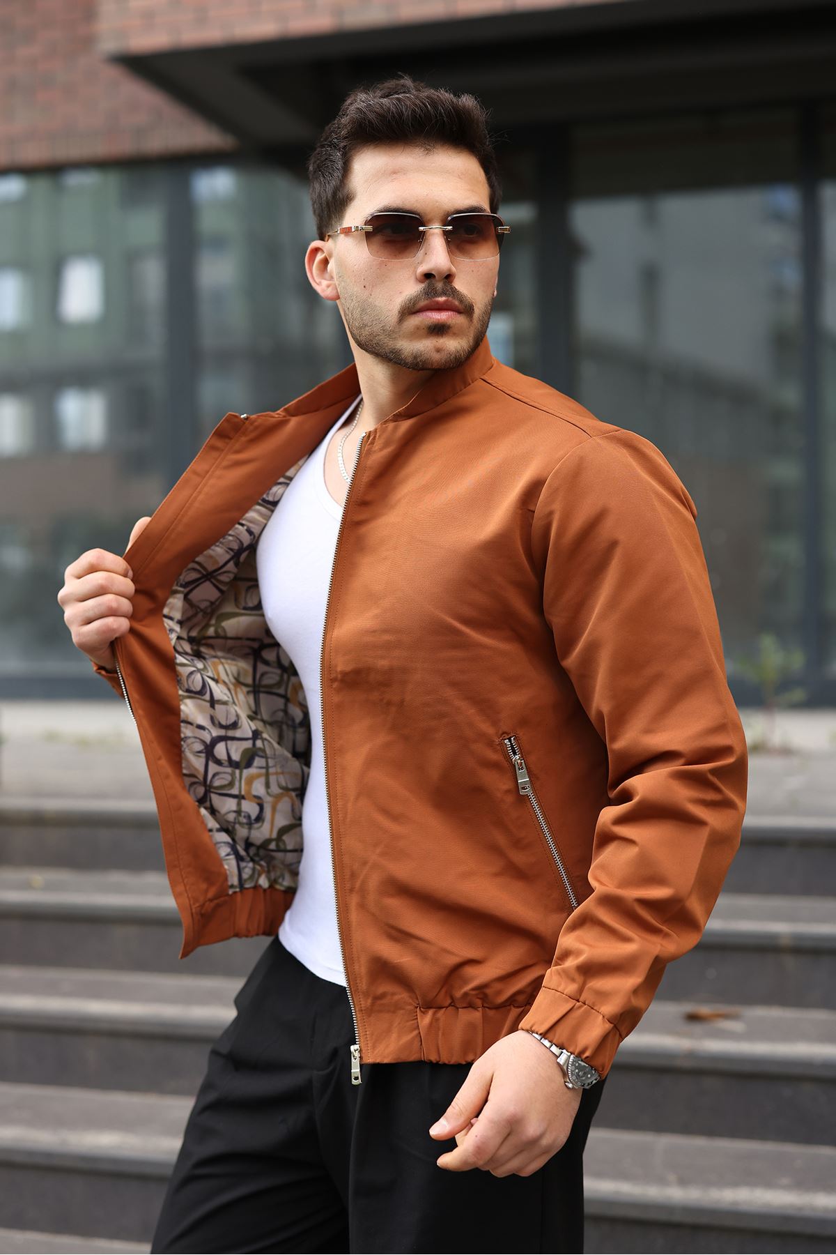 Erkek Regular Fit  Teknik Kumaş Mevsimlik Taba Pilot Mont  