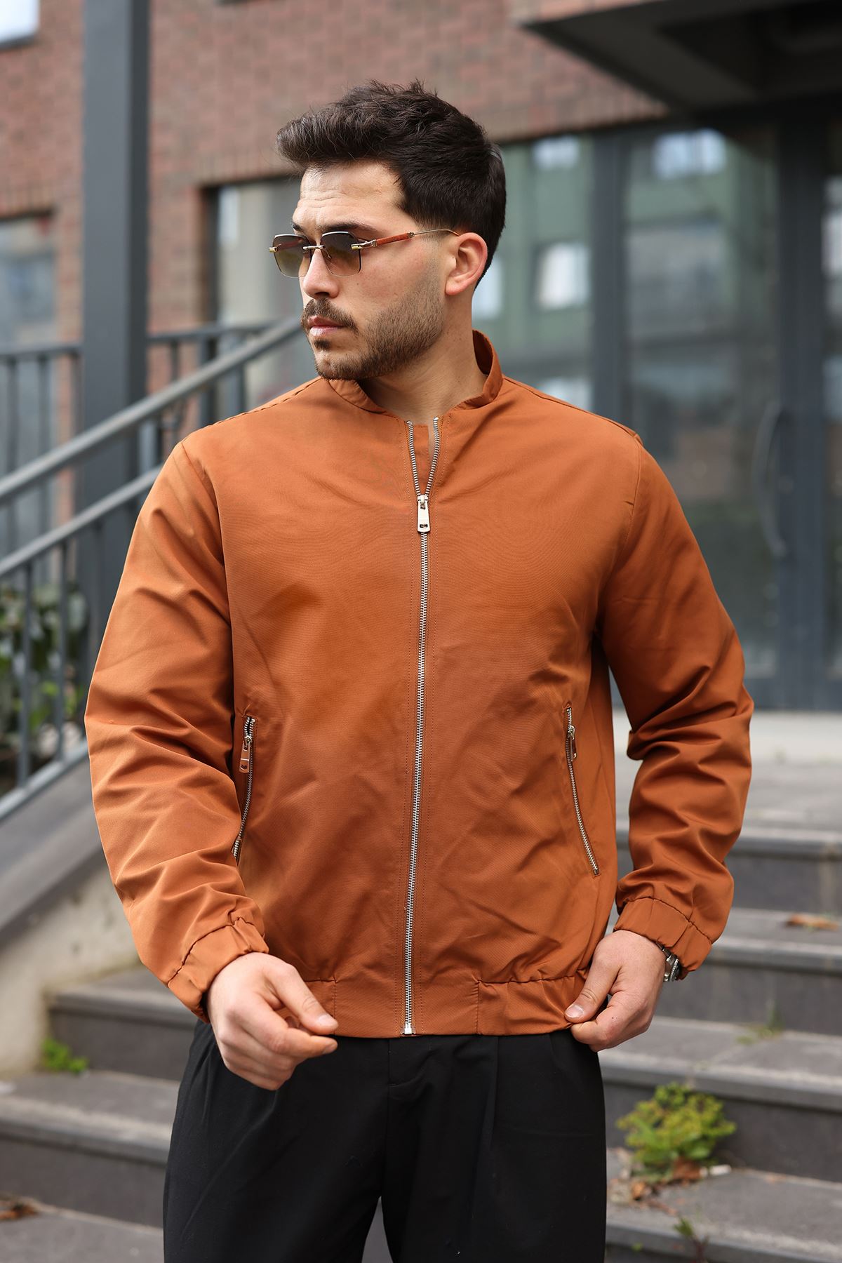 Erkek Regular Fit  Teknik Kumaş Mevsimlik Taba Pilot Mont  