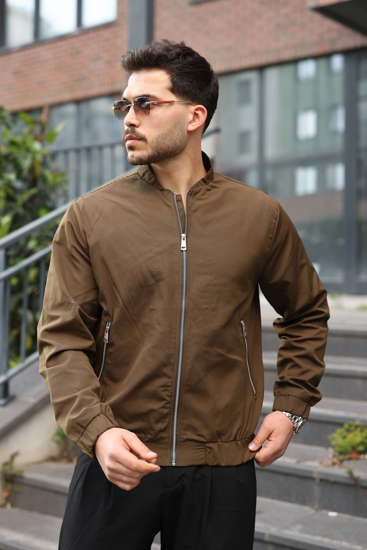 Erkek Regular Fit  Teknik Kumaş Mevsimlik Haki Pİlot Mont 