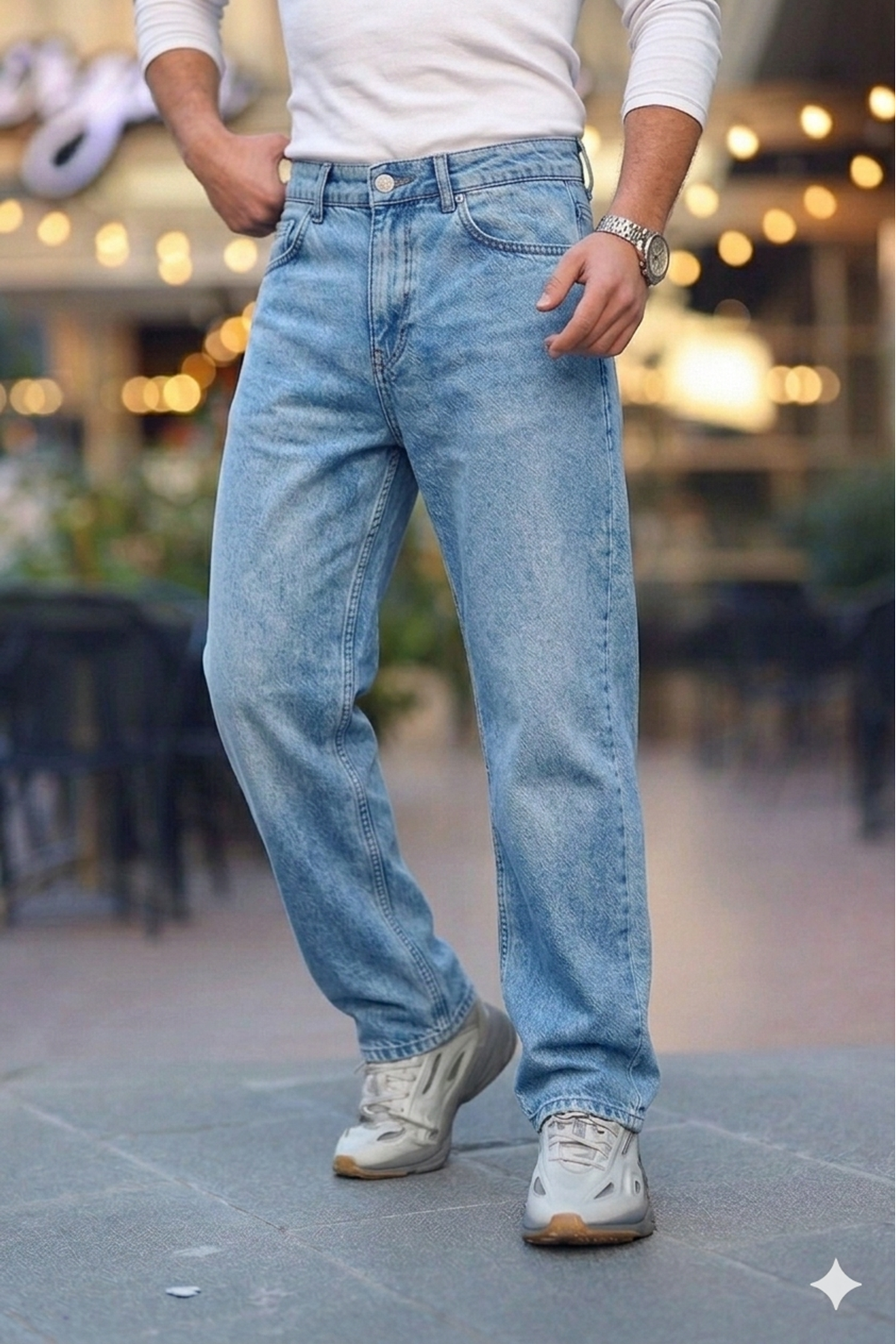  Erkek Açık Mavi Rodeo Baggy Fit Rahat Kalıp Jean Pantolon