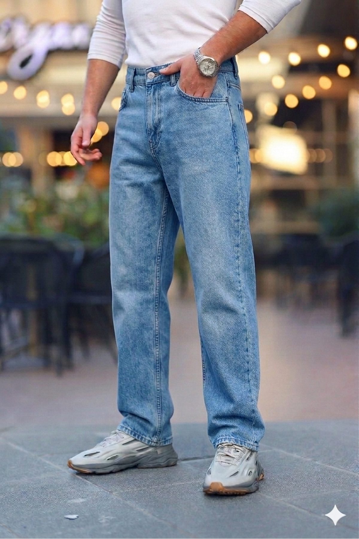 Erkek Açık Mavi Rodeo Baggy Fit Rahat Kalıp Jean Pantolon