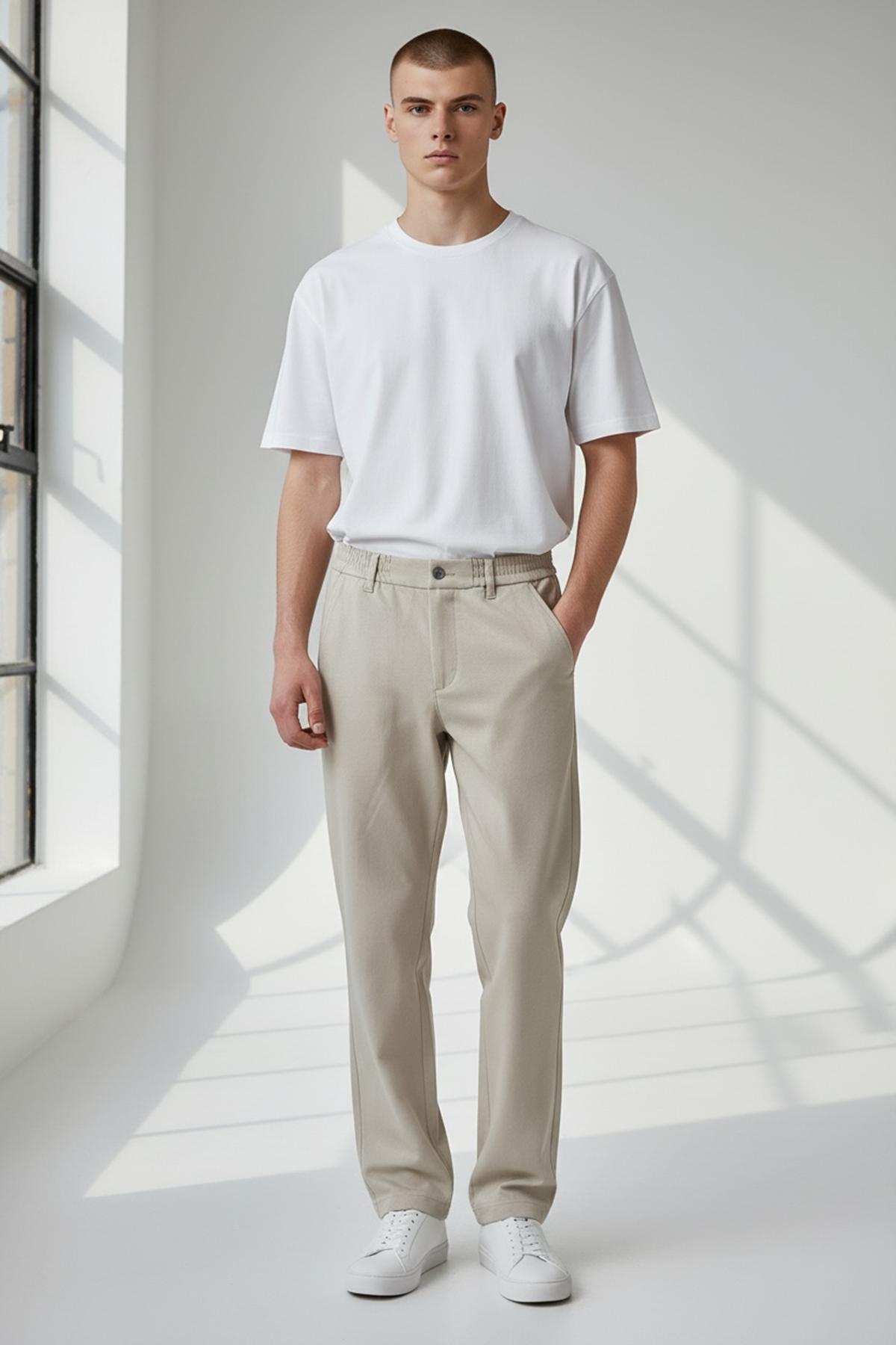  Erkek Bej Baggy Fit Rahat Kalıp Beli lastikli Pantolon 
