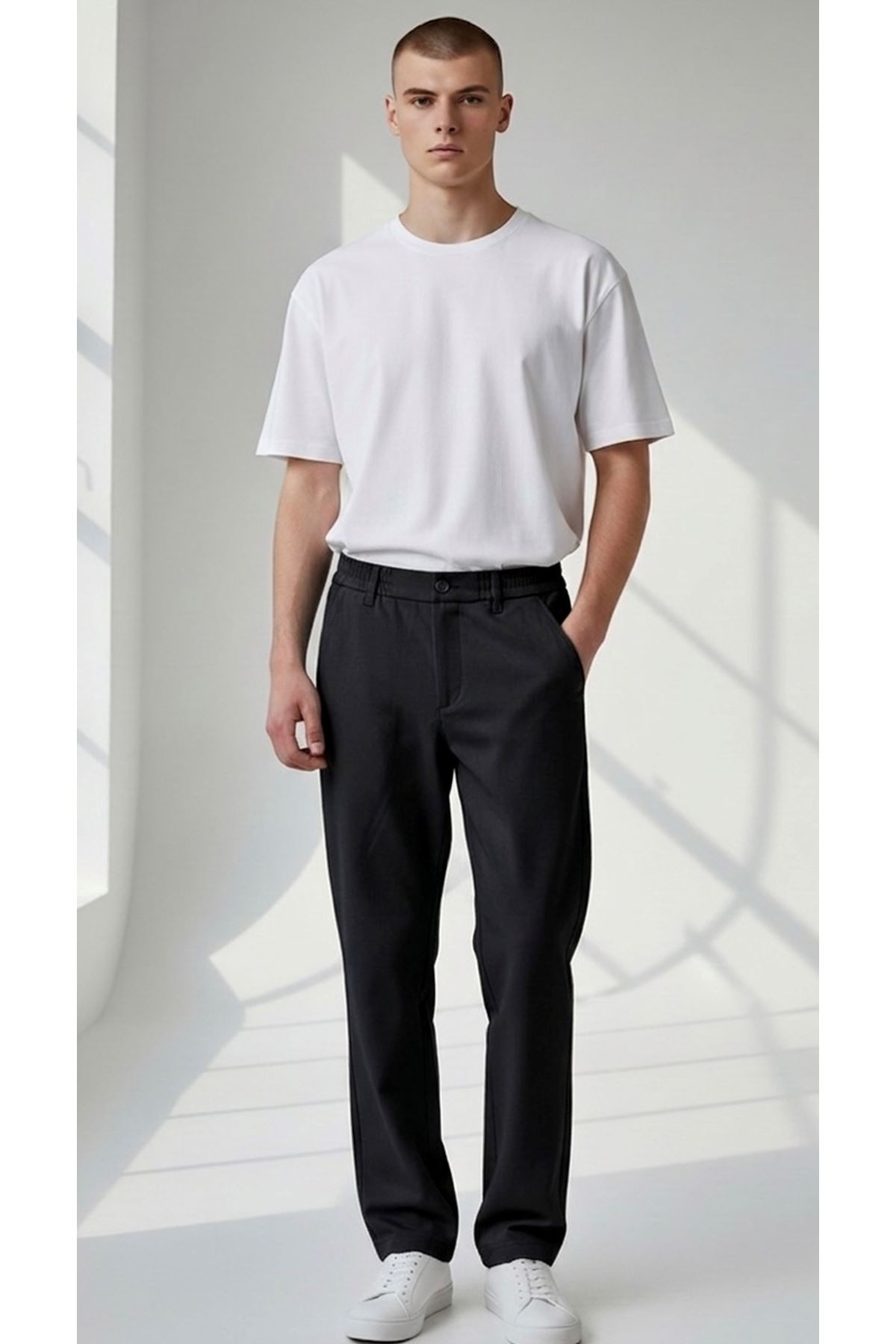  Erkek Siyah Baggy Fit Rahat Kalıp Beli lastikli Pantolon  