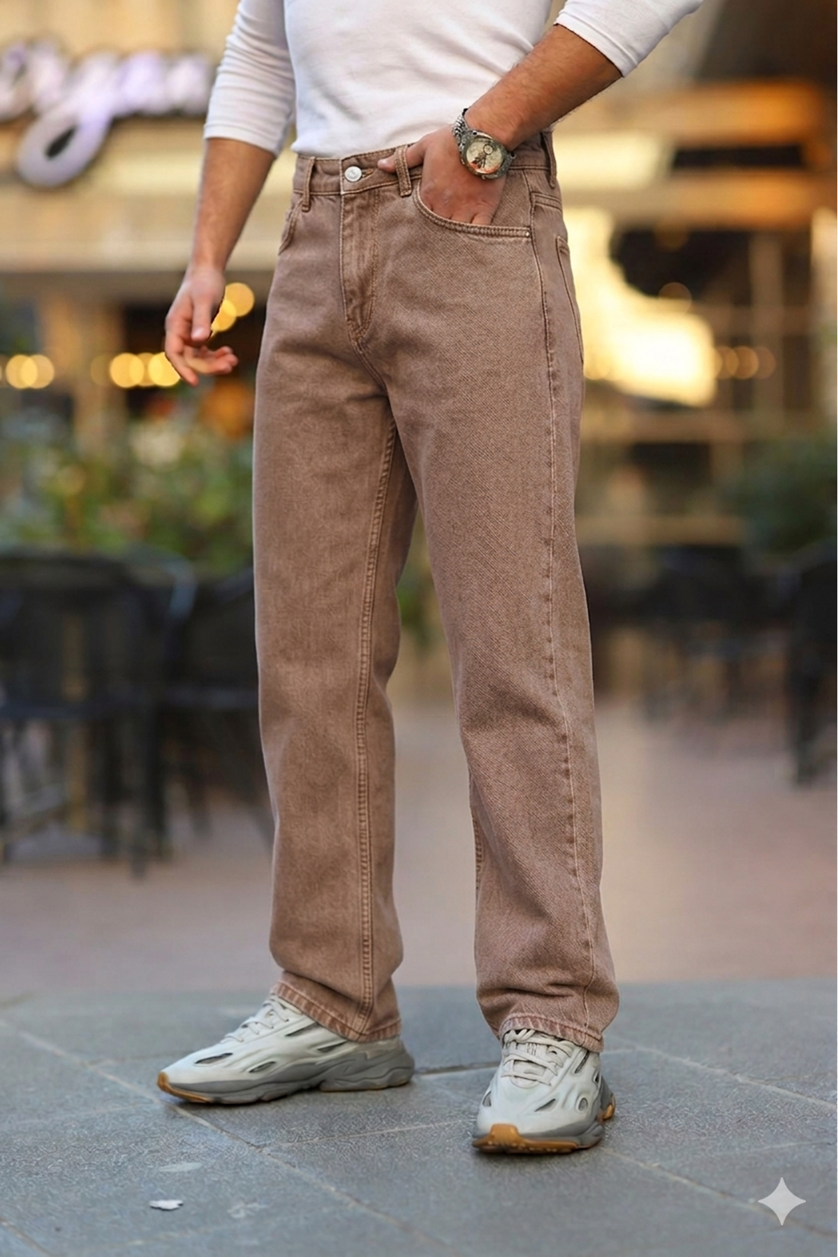  Erkek Eskitilmiş Kahve Baggy Fit Rahat Kalıp Jean Pantolon 