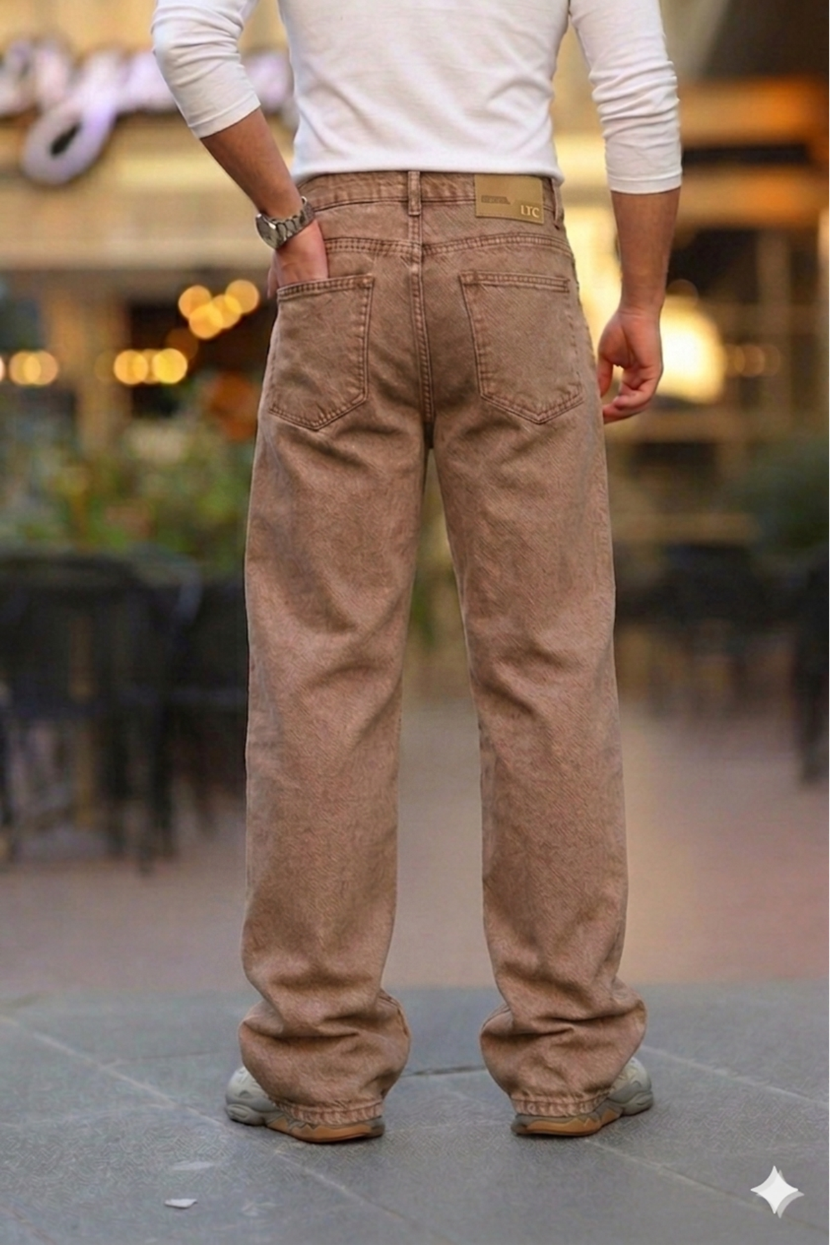  Erkek Eskitilmiş Kahve Baggy Fit Rahat Kalıp Jean Pantolon 