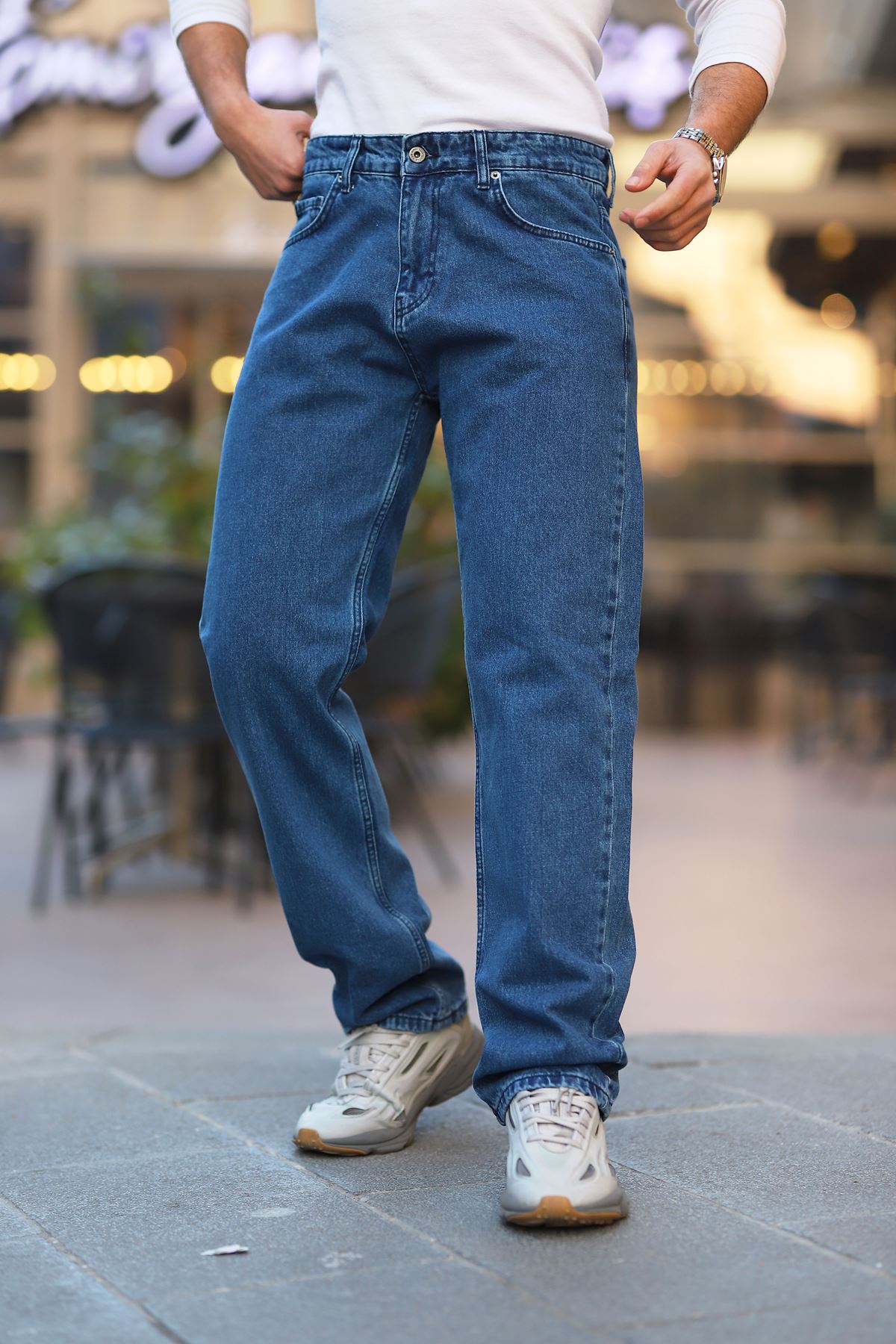  Erkek Mavi Baggy Fit Rahat Kalıp Jean Pantolon