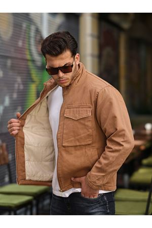 Erkek Taba İçi Hafif Kapitone Oversize Kot Ceket 