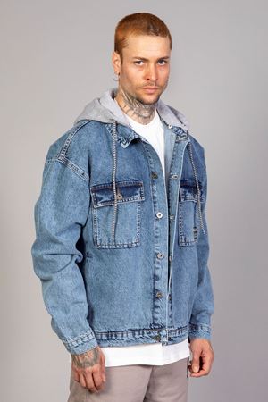 Erkek Buz Mavi Kapüşonlu Çıkarılabilir Kapüşonlu Oversize Kot Ceket   