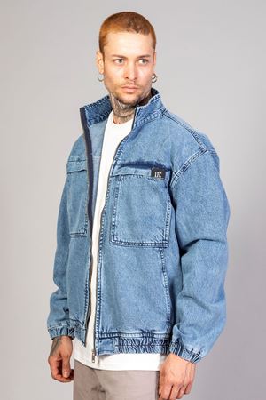 Oversize Buz Mavi Yıkama Modelli Erkek Fermuarlı Bomber Kot Ceket