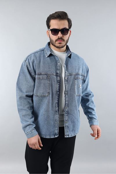 Erkek Geniş Kalıp Pamuklu Jean Ceket Tarz Açık Mavi Gömlek