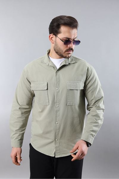 Erkek Relax Fıt Kalıp Pamuklu Haki Kot Gömlek 