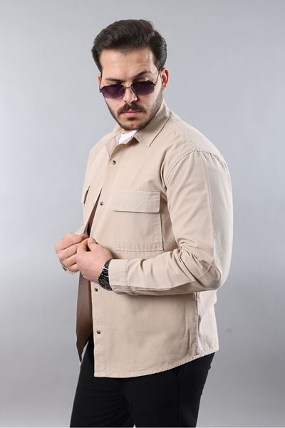 Erkek Relax Fıt Kalıp Pamuklu Bej Kot Gömlek 