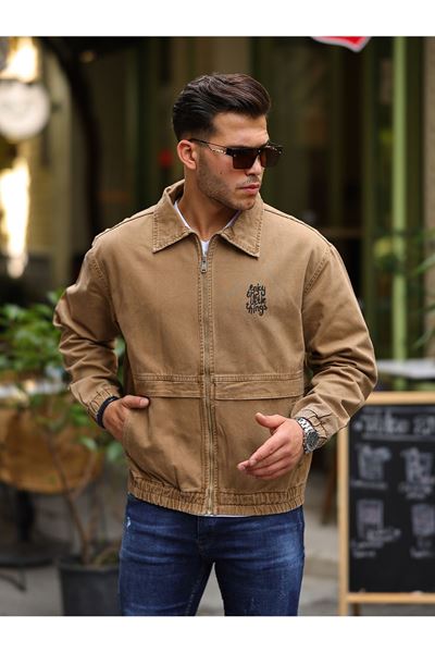 Oversize Taba Baskılı  Erkek Fermuarlı Bomber Kot Ceket