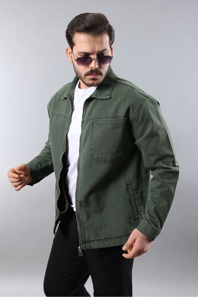 Erkek Regular Fit Haki Spor Model Fermuarlı Kot Ceket 