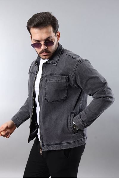 Erkek Regular Fit Siyah Kar Yıkama Spor Model Fermuarlı Kot Ceket 