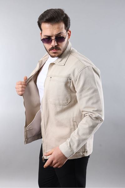 Erkek Regular Fit Bej Spor Model Fermuarlı Kot Ceket
