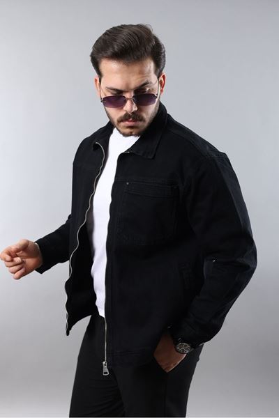 Erkek Regular Fit Siyah Spor Model Fermuarlı Kot Ceket 