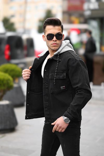 Erkek Siyah Kapüşonlu Çıkarılabilir Kapüşonlu Oversize Kot Ceket 