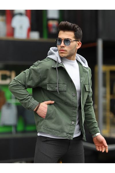 Erkek Haki Çıkarılabilir Kapüşonlu Oversize Kot Ceket