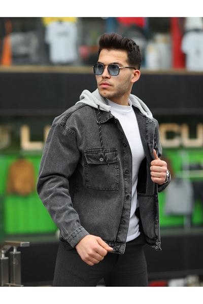 Erkek Kar Yıkama Kapüşonlu Çıkarılabilir Kapüşonlu Oversize Kot Ceket 