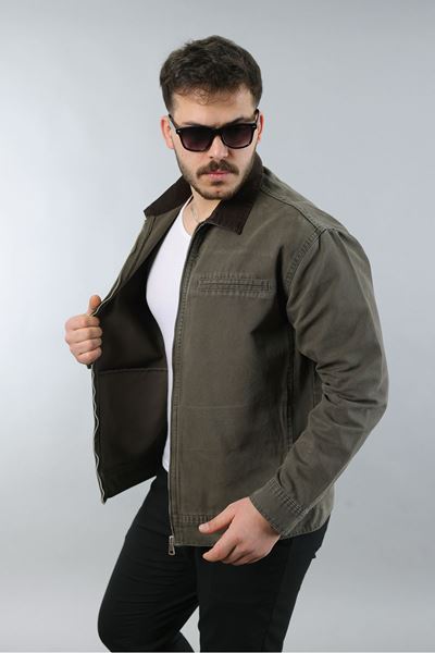 Erkek Regular Fit Yaka Garni Fermuarlı Haki Kot Ceket