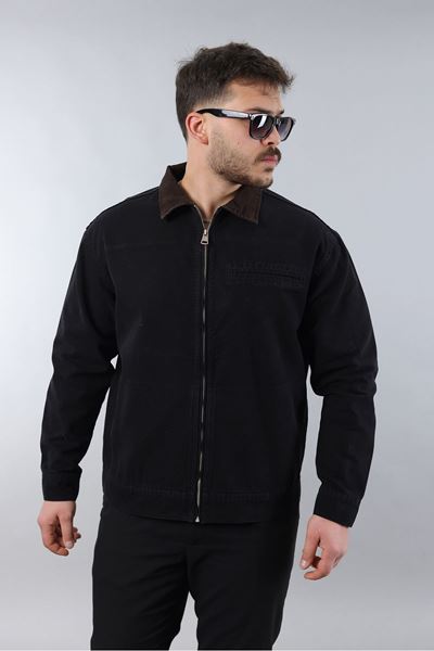 Erkek Regular Fit Yaka Garni Fermuarlı Siyah Kot Ceket