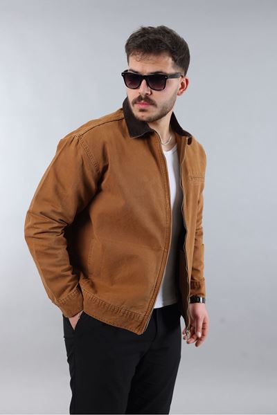 Erkek Regular Fit Yaka Garni Fermuarlı Taba Kot Ceket