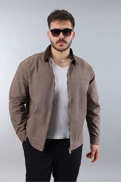 Erkek Regular Fit Yaka Garni Fermuarlı Vizon Kot Ceket 