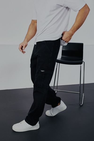  Erkek Siyah Baggy Fit Rahat Kalıp Kargo Pantolon