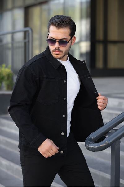 Erkek Regular Fit Düğmeli Vintage Siyah Kot Ceket