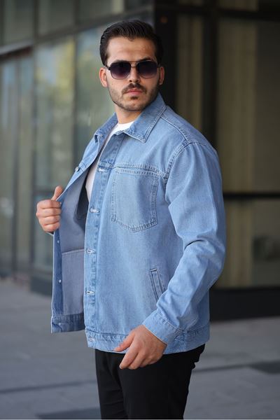 Erkek Regular Fit Düğmeli Vintage Açık Mavi Kot Ceket