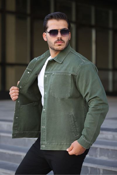 Erkek Regular Fit Düğmeli Vintage Haki Kot Ceket 