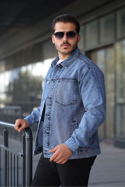 Erkek Regular Fit Düğmeli Vintage Kar Yıkama Mavi Ceket