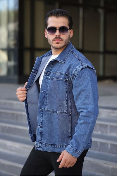 Erkek Regular Fit  Retro Kare Cep Düğmeli Mavi Ceket