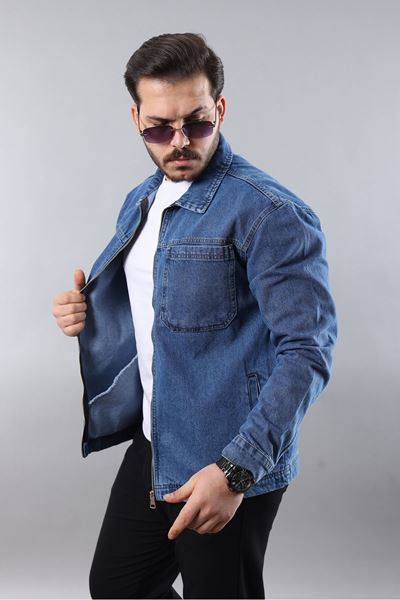 Erkek Regular Fit Açık Mavi Spor Model Fermuarlı Kot Ceket 