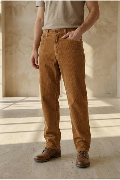  Erkek  Baggy Fit Rahat Kalıp  Camel Kadife Pantolon 